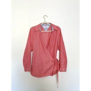 Tommy Hilfiger Red White Stripe Wrap Blouse Womens 1X Cotton Long Sleeve Preppy